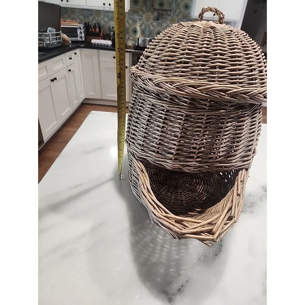 French-style Rustic Wicker Onion or Potato Storage Basket Hopper Style With Lid